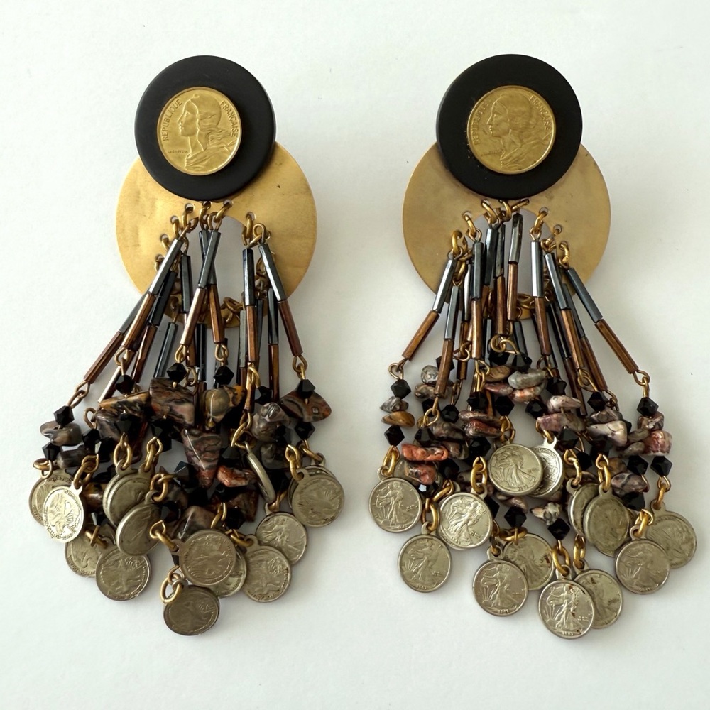 Vintage French Coin Statement Dangle Clip-on Earrings